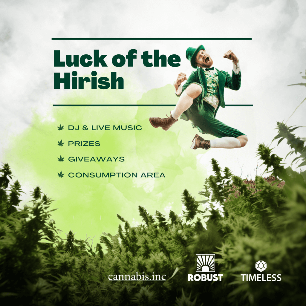 Man in green leprechaun costume jumping joyfully at North's Luck of the Hirish event surrounded by cannabis plants