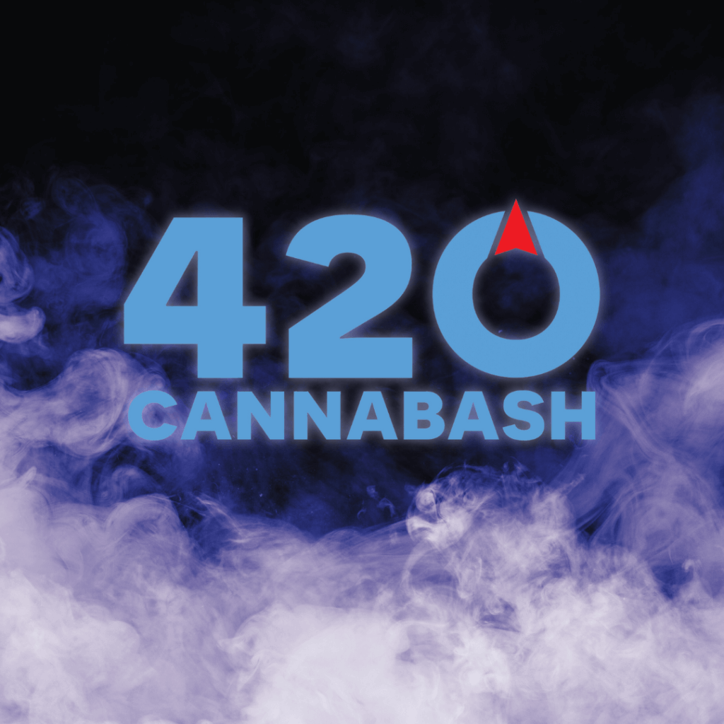 Smoke-filled background with bold '420 CANNABASH' text for North Night Out event on April 20, 2024