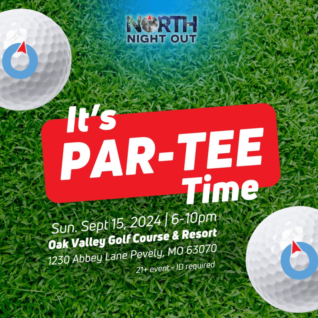 A promotional image for North Night Out featuring the text "It's PAR-TEE Time" with a golf theme. The event details are displayed, including the date, September 15, 2024, from 6-10pm, and the location at Oak Valley Golf Course & Resort in Pevely, MO. The image highlights the event as a 21+ event with ID required, using vibrant green grass, golf balls, and the North Night Out logo.