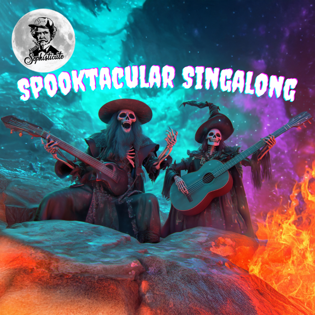 Skeleton musicians in spooky attire playing guitars in a mystical Halloween setting with flames and a galaxy backdrop, promoting North Night Out's Spooktacular Singalong event."