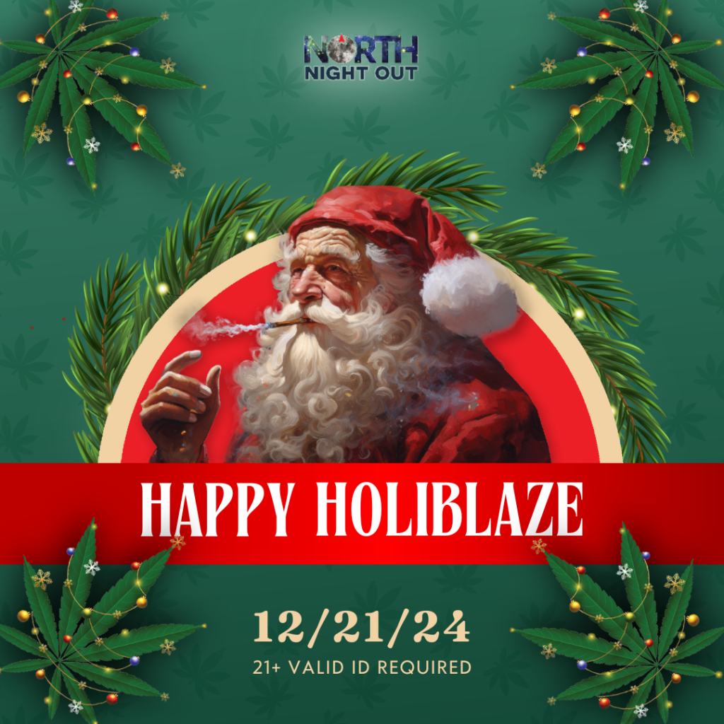 Happy HoliBlaze a North Night Out event, featuring festive vibes, Fireside Sesh Lounge, and Toys for Tots charity drive.