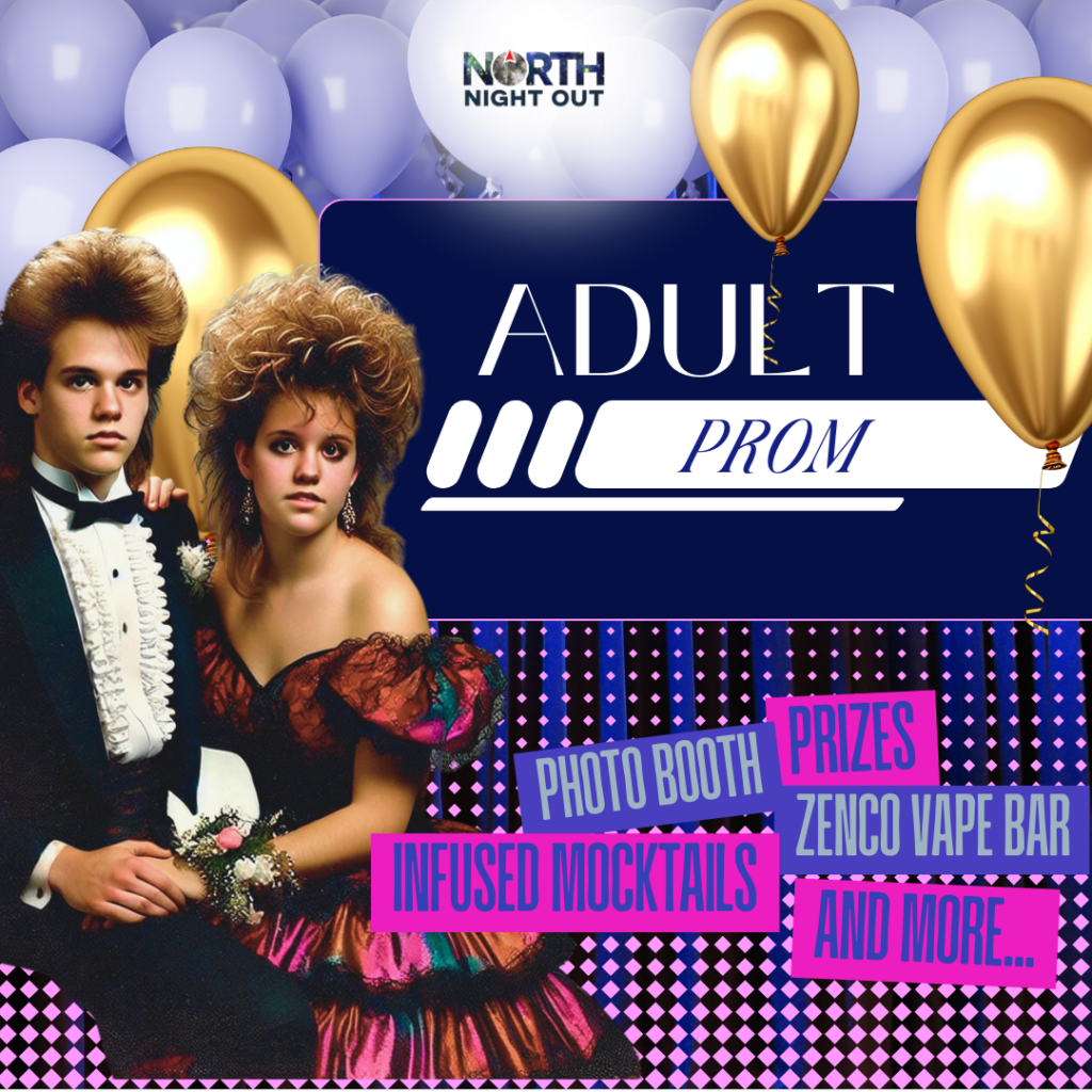 cannabis-friendly adult prom. Retro couple, balloons, and event highlights.