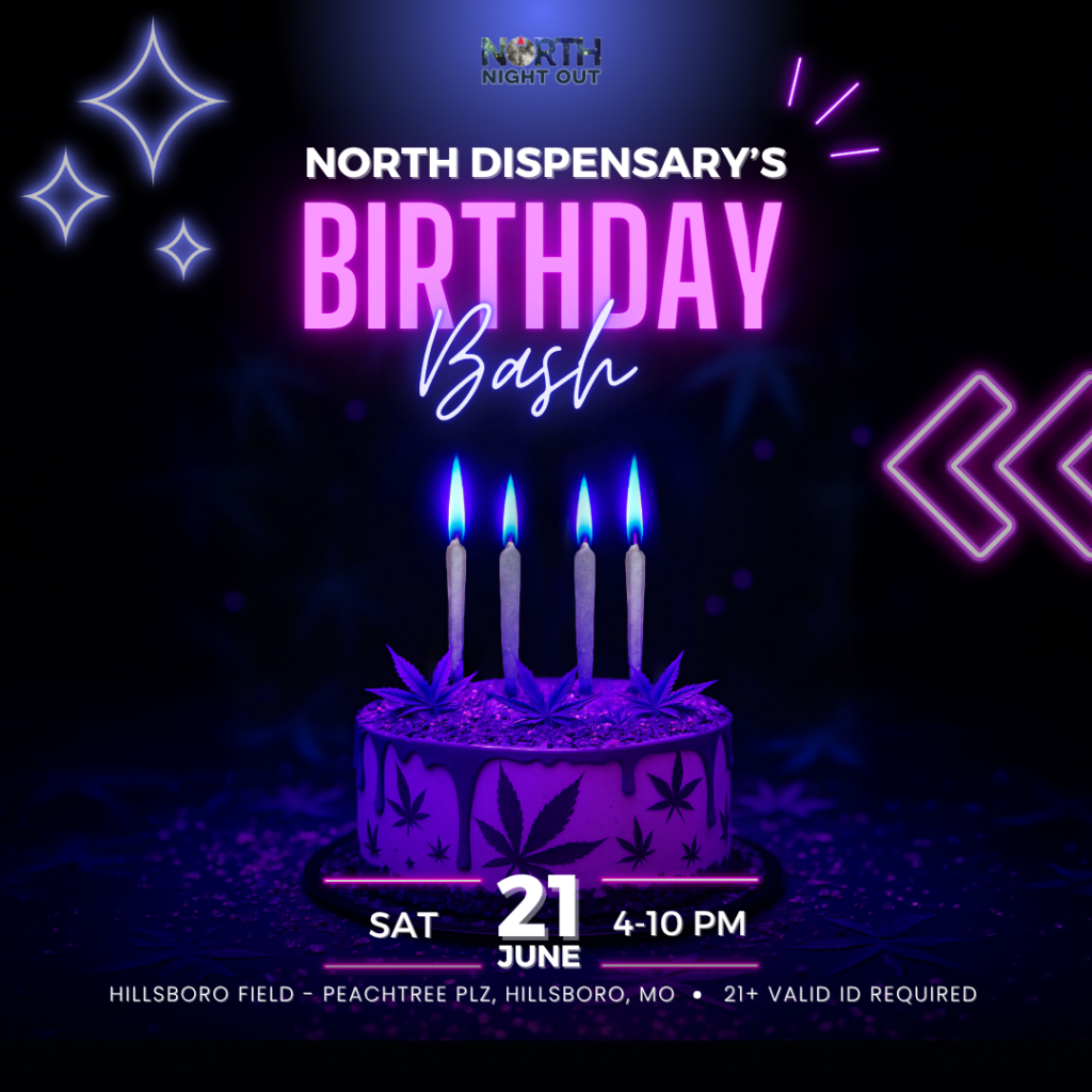 North Dispensary’s Birthday Bash poster with neon pink “Birthday Bash” headline, cannabis-leaf cake with four lit candles, and “June 21” date.