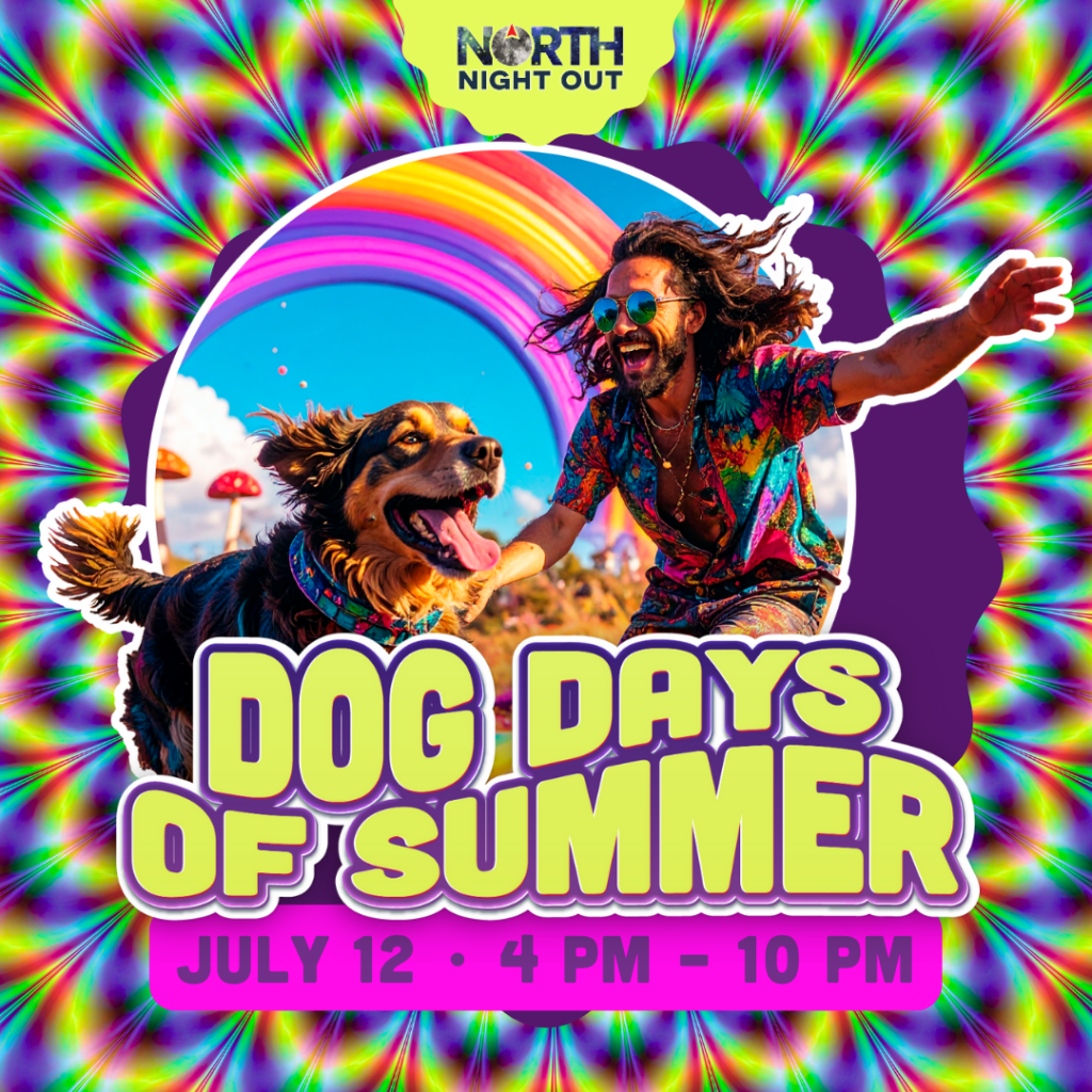 Psychedelic Dog Days of Summer poster featuring a smiling man with his dog, vibrant rainbow tunnel, and bold “Dog Days of Summer” text.